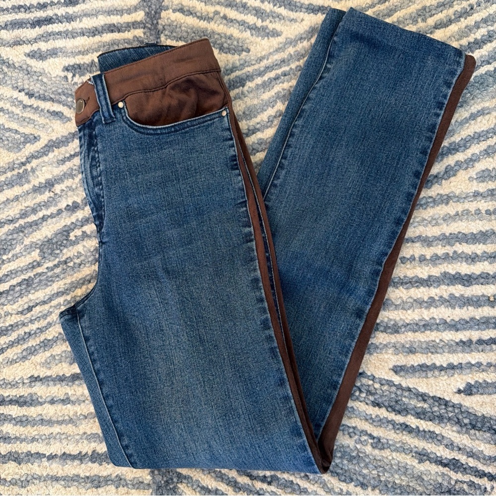The Los Feliz‎ Side InSet Women's Jeans Blue Med Wash Denim & Brown Faux Suede